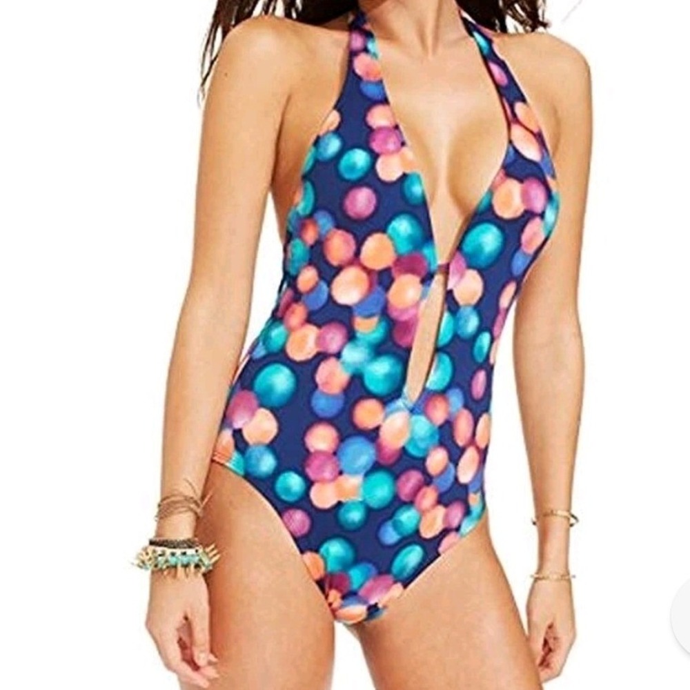 Bar III Summer‎ Days Polka Dot Plunge Back Lace Up One-Piece Swimsuit Sz M Beach